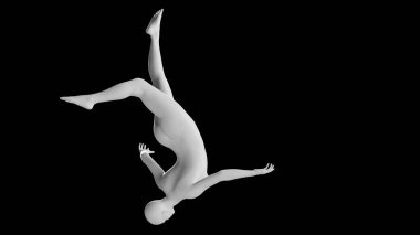 Dynamic Tepetaklak Ters Çevirme Pozu 'ndaki Kadın Manken Kara Arkaplanda İzole Edildi. Yan Vie