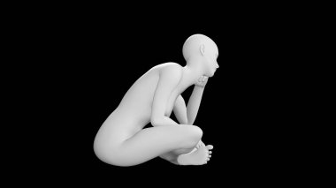 Çömelmiş Düşünen Poz 'daki Kadın Manken, Kara Arkaplan' da tecrit edilmiş. Yan Vie