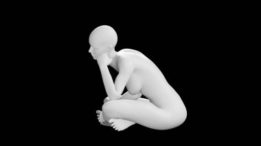 Çömelmiş Düşünen Poz 'daki Kadın Manken, Kara Arkaplan' da tecrit edilmiş. Yan Vie