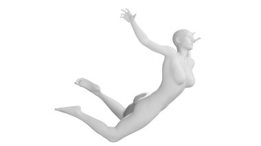 Düşen ya da Yüzen Poz Veren Kadın Mankeni, Beyaz Arkaplanda İzole Edildi. Yan Vie