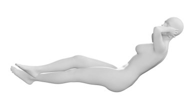 Beyaz arka planda izole edilmiş kadın manken güneş banyosu. Yan Vie