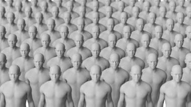Monokrom 'daki Özdeş Manken Figürlerinin Soyut Kalabalığı. Kavramsal İllüzyon. 3B görüntüleme