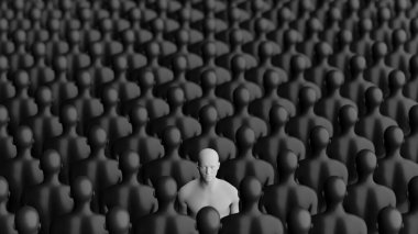 Beyaz adam kalabalığın içinde dikiliyor. Karanlık figürler. Kavramsal İllüstrasyon