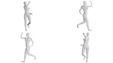 Dinamik Dans Pozu 'ndaki Beyaz Kadın Manken Beyaz Arkaplanda İzole Edildi. Çoklu Görünüm (Ön, Yan, Arka