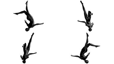 Dinamik Ters Çevirme Pozu 'nda Siyah Kadın Manken Beyaz Arkaplanda İzole Edildi. Çoklu Görünüm (Ön, Yan, Arka