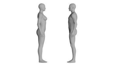 Beyaz Erkek ve Kadın Manken Ayakta Duruyor ve Yüzleşiyorlar. Beyaz Arka plan 'da izole edilmiş. 3d Hazırlama