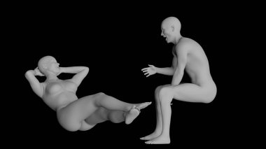 Plajda Beyaz Erkek ve Kadın Manken Konuşuyor. Kara Arkaplan 'da izole edilmiş. 3d Hazırlama