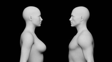 Beyaz Erkek ve Kadın Manken Ayakta Duruyor ve Yüzleşiyorlar. Kara Arkaplan 'da izole edilmiş. 3d Hazırlama