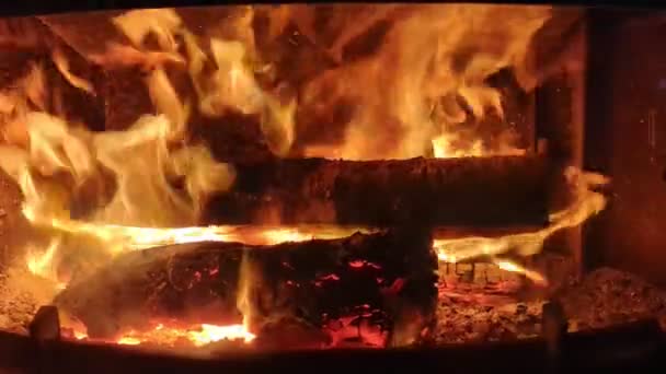 Firewood Burning Fireplace Strong Fire Burning Wooden Logs Home Heating — Video
