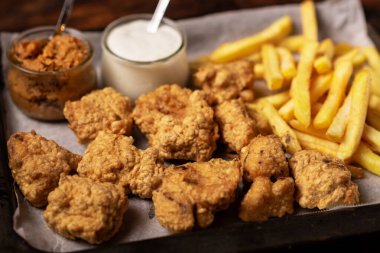 Cauliflower wings food. Cauliflower pieces and french fries with vegan sauces. Vegetarian food.