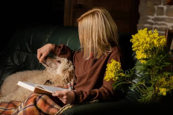 A woman is reading a book on the sofa. There is a dog nearby. Education, reading concept. Home cozy interior. Attractive woman in her forties.