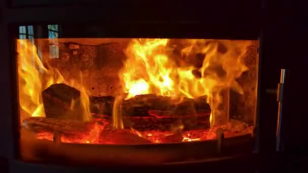 Semineu Ardere Lemnul Foc Arde Spatele Paharului Şemineului Slow Motion — Videoclip de stoc