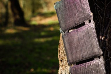 A portable solar panel hangs on a tree in the sun. Charging electronic gadgets on a hike, during outdoor recreation. Ecological energy concept.