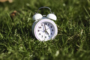 White color alarm clock on green grass. Time, circadian rhythm, early rise concept.