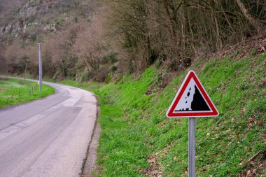 Road sign warning about falling stones and the road turning to the side. Green grass covers the ground along the road.
