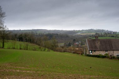 Several houses and green meadows. Countryside in France.
