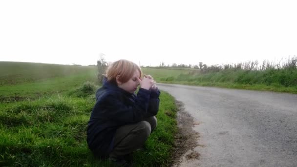 若い疲れた少年が道路の近くの芝生の上に座っている 選挙運動中の回復 赤い髪をした10歳くらいの少年 — ストック動画