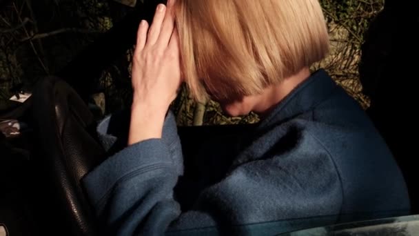 Tired Woman Driving Car Woman Her Hands Folded Prayer Loss — Vídeos de Stock