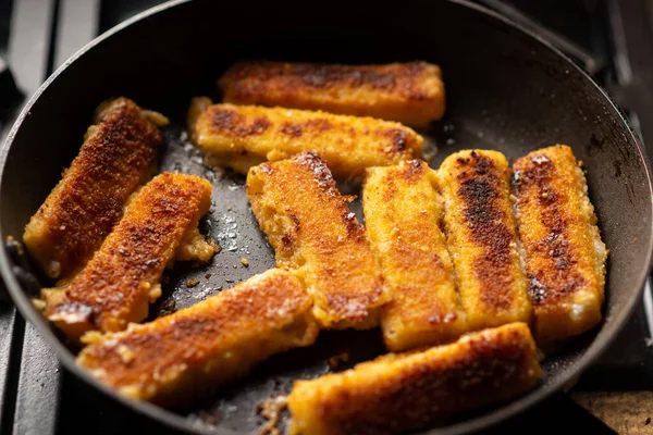 Fried Fish Sticks Breaded Frying Pan Preparation Frozen Fish Sticks — Fotografia de Stock