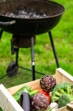 Different whole raw vegetables for grilling on the background of a blurred barbecue grill and green grass. Daylight.