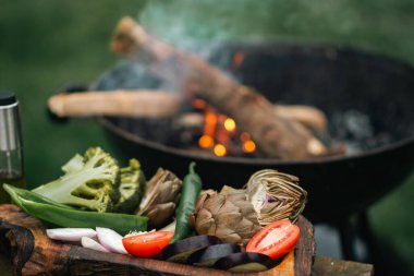 Vegetables near the grill. Green grilling. Preparing to cook healthy vegan food on fire. Fresh artichoke, tomato, pepper and different vegetables.