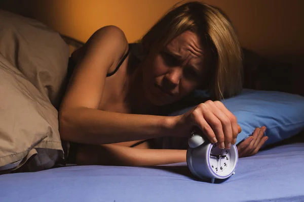 Woman Nervously Wakes Alarm Clock Poor Sleep Violation Regimen Lack — Foto Stock