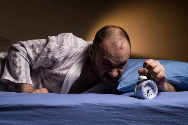Man Aggressively Awakened Ringing Alarm Clock Hateful Morning Annoying Alarm — Photo