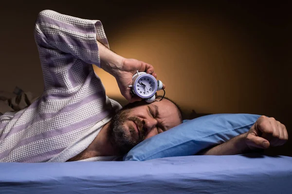 Annoying Alarm Clock Morning Dislike Waking Morning Man Aggressively Awakened — Photo