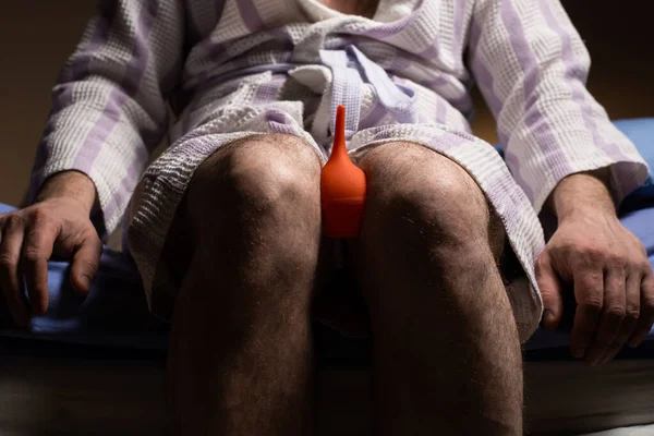 Constipation Concept Unrecognizable Man Bathrobe Holds Enema His Hands Disorder — Foto Stock
