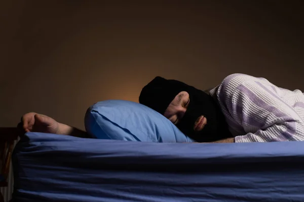 Robber Mask Lies Bed Sleeps Thief Tired Night Adventure Dreams — Foto Stock
