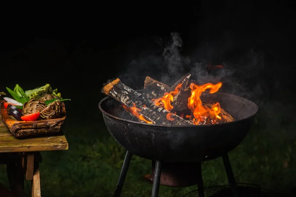 Burning Brazier Grilled Vegetables Evening Time Dark Background — Stock fotografie