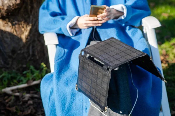 Unrecognizable Woman Mobile Phone Her Hands Portable Solar Battery Sits — Photo