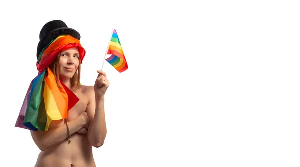 stock image Attractive nude woman wearing rainbow flag hat isolated on white background. LGBT International symbol of the lesbian, gay, bisexual and transgender community. Banner, place for text.