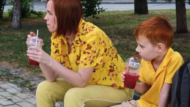 妈妈和小儿子在公园里喝着鸡尾酒 中年红头发的女人和红头发的小男孩正在休息和交谈 — 图库视频影像