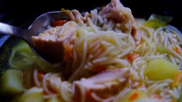 Plato Con Sopa Carne Espaguetis Patatas Mezcla Con Una Cuchara — Vídeo de stock