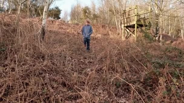 Ein Junge Geht Auf Einen Hügel Mit Trockenem Gras Wandern — Stockvideo