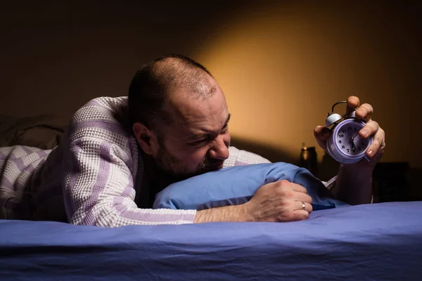 Man Aggressively Awakened Ringing Alarm Clock Hateful Morning Annoying Alarm — Foto Stock