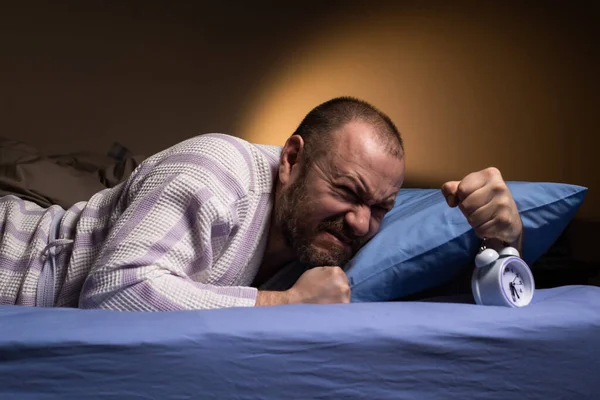 Man Aggressively Awakened Ringing Alarm Clock Hateful Morning Annoying Alarm — Photo