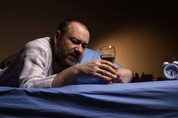 Man Alone Glass Wine Bed Alcoholism Loneliness Drink Alcohol Sleep — Fotografia de Stock