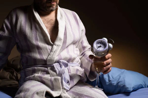 Andropause Concept Unrecognizable Man Bathrobe Holds Alarm Clock His Hand — Photo
