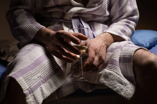 Man Alcoholism Unrecognizable Man Bathrobe Holds Glass Wine Drink Alcohol — 스톡 사진