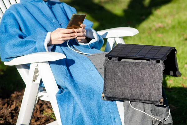 Unrecognizable Woman Mobile Phone Her Hands Portable Solar Battery Sits — Photo