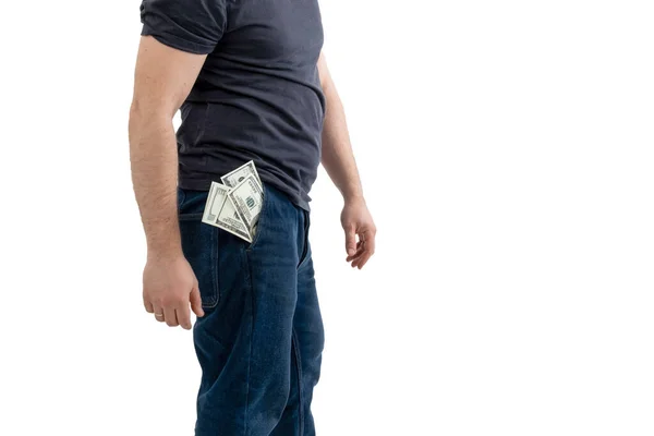 Hombre Irreconocible Con Dólares Bolsillo Sus Vaqueros Aislado Sobre Fondo —  Fotos de Stock