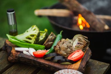 Vegetables near the grill. Green grilling. Preparing to cook healthy vegan food on fire. Fresh artichoke, tomato, pepper and different vegetables.