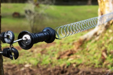 Elektrik akımı altında çitin üzerindeki yalıtkan. Yakın plan. Kırsal