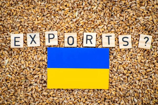 Експорт Зерна Україні Сумнівний Слово Експорт Прапор України Задньому Плані — стокове фото