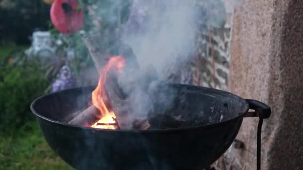Barbecue Rond Flamboyant Près Maison Préparation Gril — Video