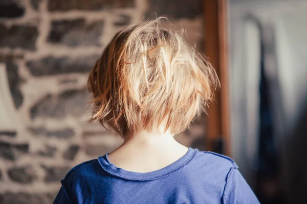 Bir Çocuğun Taranmamış Tüylü Saçı Arkadan Bak Baştan Savma Bak — Stok fotoğraf