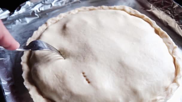 Pastayı Çatalla Delmek Çiğ Turtayı Pişirmek Için Hazırlıyorum — Stok video