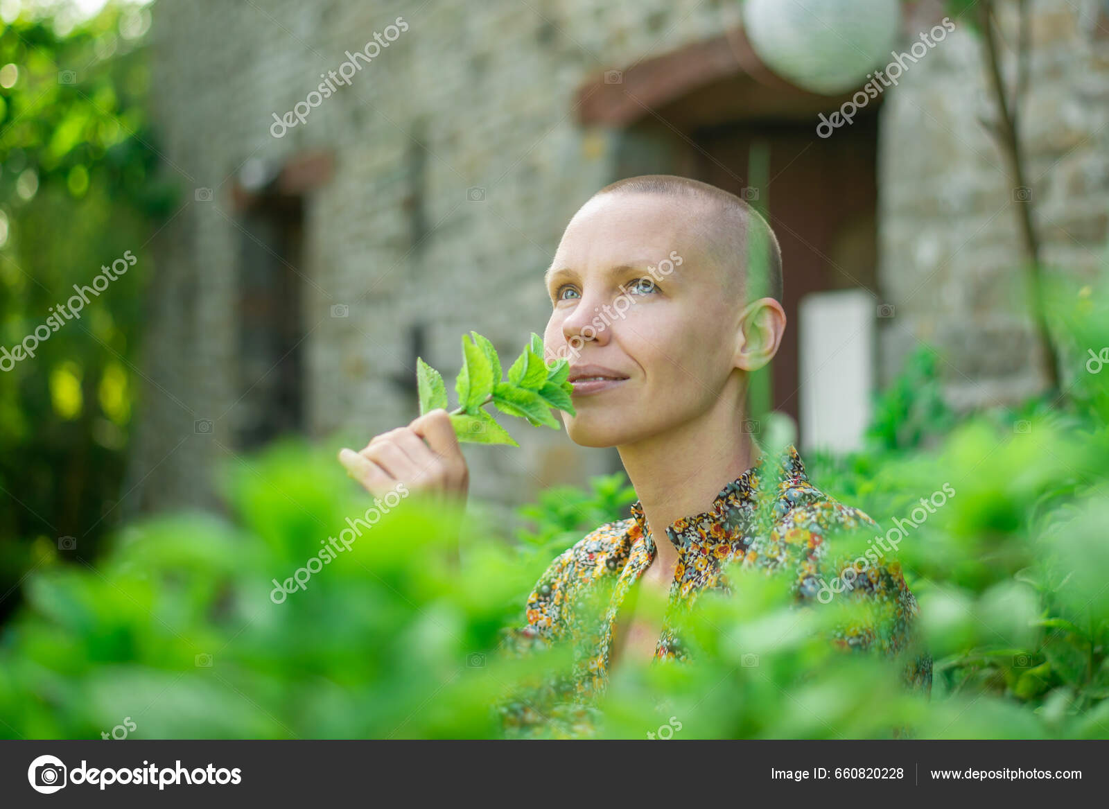 Woman Mint Leaves Bald Middle Aged Woman Holding Mint Leaves Stock